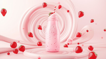 Advertising mockup with a strawberry milkshake bottle with flying strawberry swirling around it, the bottle is located on a platform and beautiful patterns curl around it in a spiral