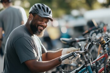 Naklejka premium Man Smiling While Repairing Bicycle Among Other Bicycles in a Park During Daylight