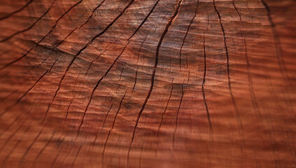 Cross-section of dry reddish-dark tree trunk with cracks. Blurred edges. Selective focus