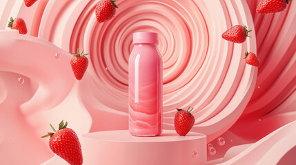 Advertising mockup with a strawberry milkshake bottle with flying strawberry swirling around it, the bottle is located on a platform and beautiful patterns curl around it in a spiral