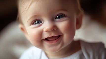 Smiling baby with blue eyes and a joyful expression