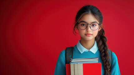 Serious Asian teenage girl with glasses and a long braided hairstyle, wearing a blue sweater and holding books, standing against a solid red background. The atmosphere is studious and focused.

