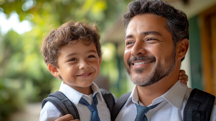 Smiling Hispanic father and son, both dressed in ties and carrying backpacks, standing outdoors in a green, natural setting. The atmosphere is joyful and connected.


