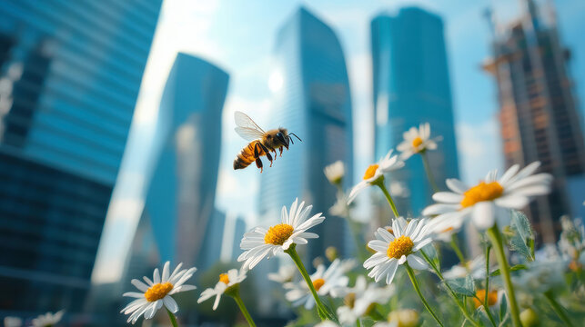 A bee buzzes among vibrant daisies set against a backdrop of modern skyscrapers, highlighting the harmonious blend of nature and urban architecture.
