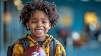 Smiling African American boy with curly hair holding a football and wearing a backpack in a brightly lit indoor space. The atmosphere is energetic and joyful.

