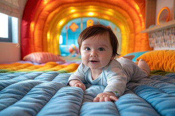 Vibrant playroom with cushioned seating, toys, and hanging decorations.