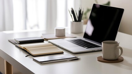 Modern workplace with laptop computer, coffee cup and office supplies
