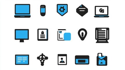 Blue and black technology icons in flat design style