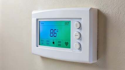 Climate Control Panel. A digital thermostat displaying 86 degrees Fahrenheit, mounted on a wall.