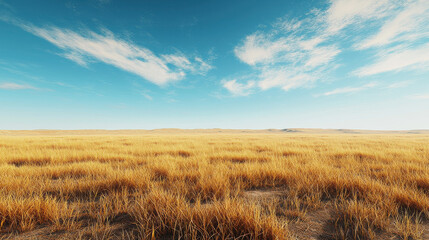 Expansive golden field stretching into the horizon beneath a bright blue sky with a scattering of white clouds, depicting freedom and serenity.