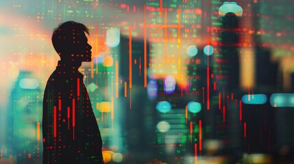 A man is standing in front of a city skyline with a dark background