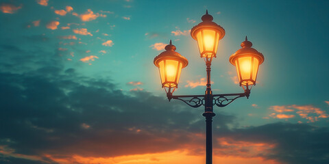 Obraz premium an old Asian double street lamp in the evening