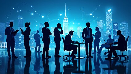 Silhouette corporate professionals networking in cityscape with digital connections enhancing business dynamics.