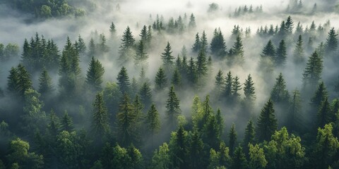 Misty Forest Aerial Photograph with Pine Trees Foggy Atmospheric Nature Background - Ideal for Travel or Nature Documentaries Generative AI