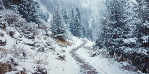 Winter Mountain Trail Landscape for Outdoor Adventure Generative AI