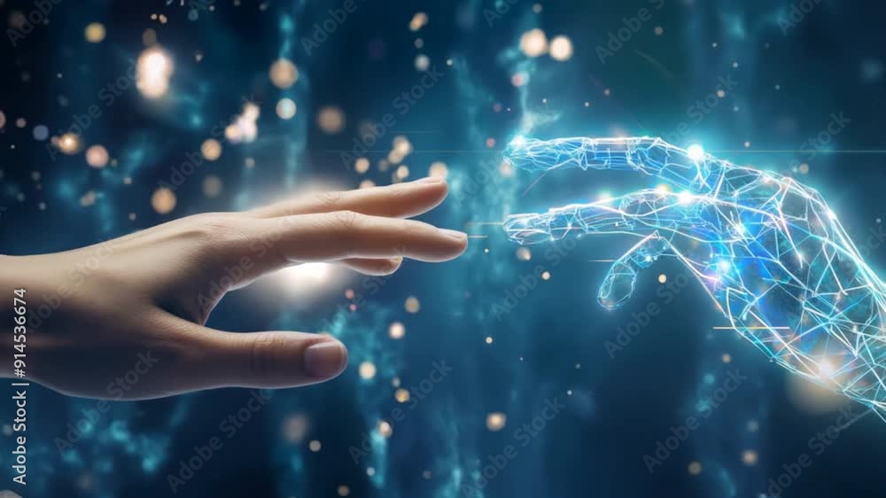Aufkleber  robot and human hands touch big data of global network connection, future artificial intelligence