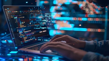 Concept of software development and digital technology. Working on a laptop with a circuit board and javascript on a virtual screen, the internet of things programmer I.T.