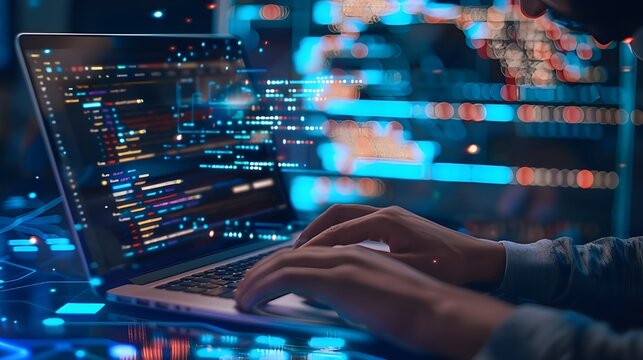Concept of software development and digital technology. Working on a laptop with a circuit board and javascript on a virtual screen, the internet of things programmer I.T.
