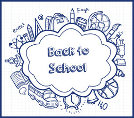 Back to School background, with hand drawn doodle elements and realistic pencils. Vector illustration.