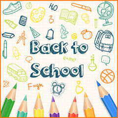 Back to School background, with hand drawn doodle elements and realistic pencils. Vector illustration.