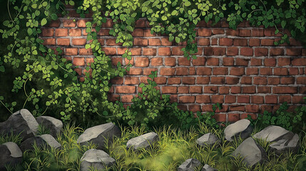 a brick wall covered with a grass pattern background