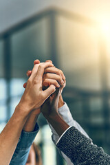 Solidarity, business people and hands in office for diversity, inclusion and acceptance for equal...