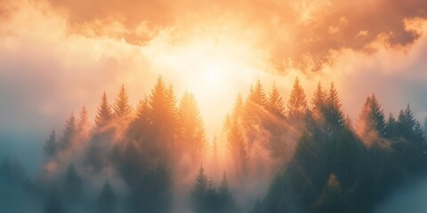 Naklejka premium Mystical Forest Landscape with Fog and Clouds, Nature Scenery for Travel and Adventure Generative AI