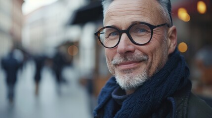 A close-up portrait of a smiling smart mature middle-aged man, a businessman wearing fashionable glasses and looking at the camera on a street background with a copy space.