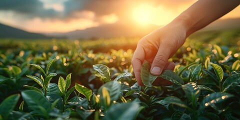 Fototapeta premium green tea leaf in hand on background of mountains. Harvesting tea by farmer hand