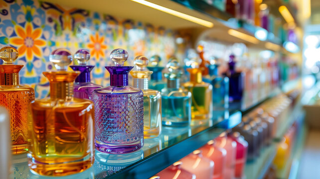 An elegant perfume store with a vibrant display of colorful perfume bottles and stylish decor