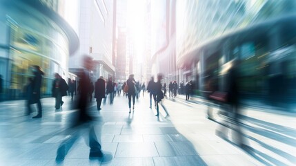 A busy city street with people walking and a blurry background