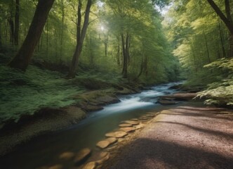 Obraz premium A tranquil stream gently flowing through a lush green forest, creating a peaceful atmosphere