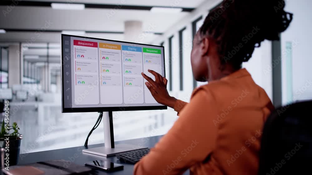 Poster kanban project management software on laptop. digital calendar schedule