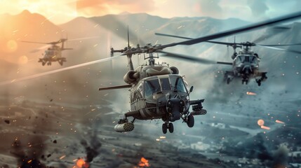 Three military helicopters are flying over a battlefield
