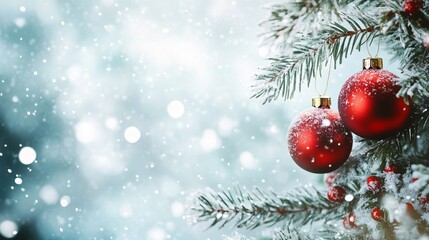 Close-up of red Christmas baubles on snowy tree.