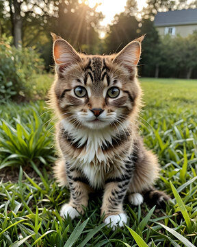 Retrato gato atigrado en un jard&iacute;n de una casa