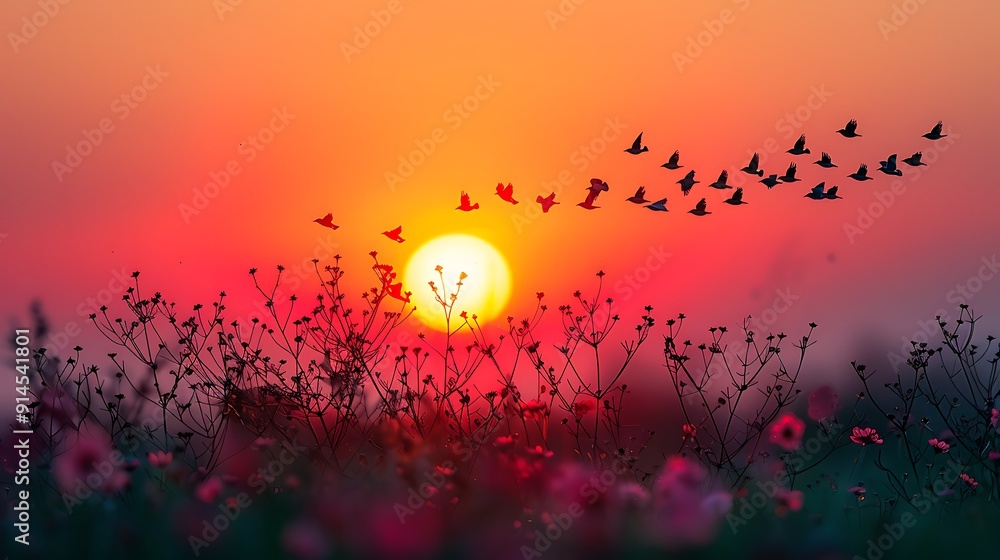 Aufkleber stunning silhouette of flock of migrating bird specified if needed against backdrop of colorful suns