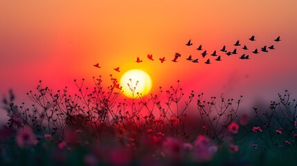 Stunning silhouette of flock of migrating bird specified if needed against backdrop of colorful sunset sky showcasing beauty of backlighting negative space bird photography 