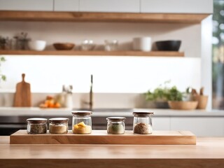 Various ingredients and spices displayed in jars on wooden cutting board in modern kitchen