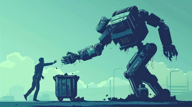 In a symbolic portrayal of artificial intelligence replacing jobs, a giant robot is depicted throwing a man into a trash can in this vector illustration, highlighting concerns over automation and work