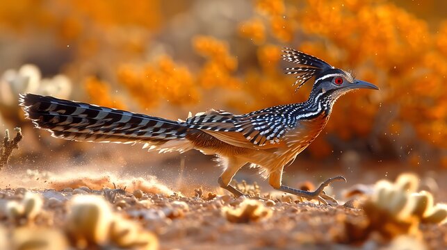 Surreal scene of Greater Roadrunner Geococcyx californianus racing across desert floor long tail feather trailing behind dart between cactus sagebrush, Greater Roadrunner desert surreal fast