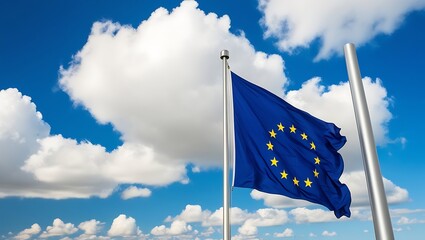 European Union flag waving against a bright blue sky with scattered white clouds. The flag is prominently displayed on the right side of the image, attached to a silver flagpole.