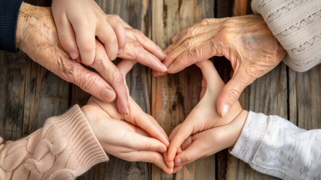 Multiple generations hands creating a heart shape together, representing love, family, care, and unity across ages