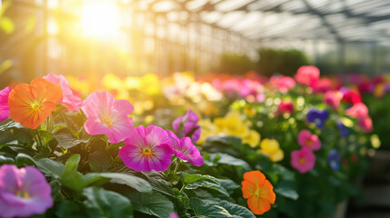 Beautifully colored flowers in a greenhouse, illuminated by warm sunlight, creating a lush and vibrant scene full of life, ideal for gardening and nature themes.