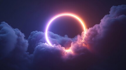 Bright neon ring in the clouds, glowing at night sky.