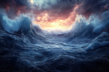 Majestic ocean wave crashing under dramatic sunset sky