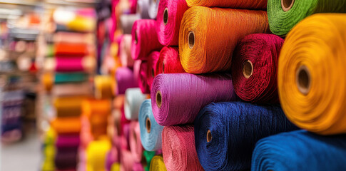 Brightly colored textile rolls neatly stacked in a fabric store, presenting a vibrant array of materials and patterns available for fashion and design enthusiasts.
