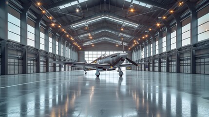 A large hangar with a single plane sitting inside