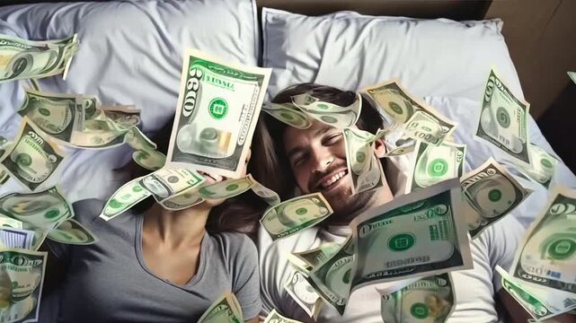 sleeping on bed in bedroom There are lots of dollars instead of blankets.