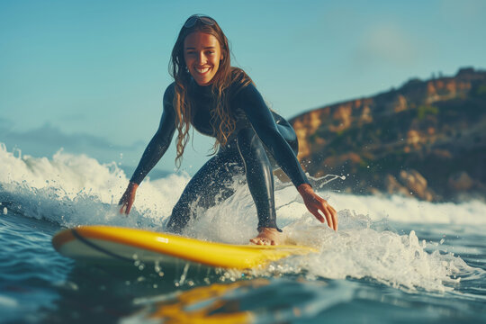 Fit Young Woman Instructor Enjoying a Sunny Surfing Session at the Beach With Rolling Waves - Powered by Adobe